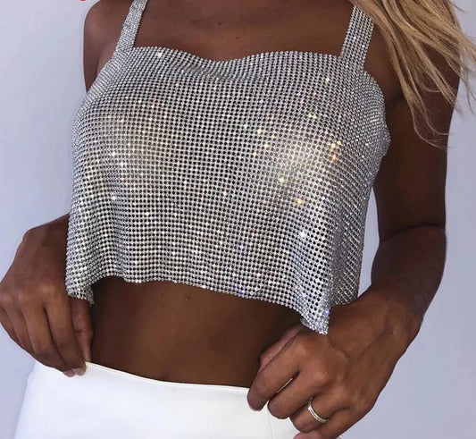 Backless Straps Full Diamonds Sequins Cropped Top
